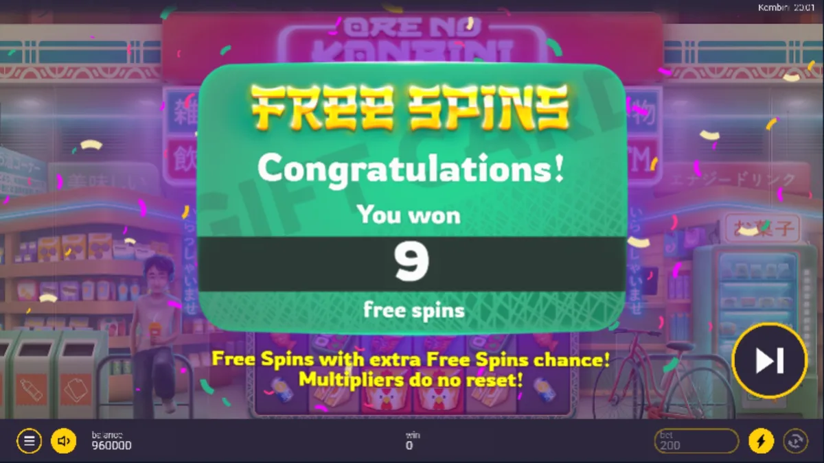 Tampilan visual neon dari mesin slot Ore No Konbini dengan simbol makanan Jepang