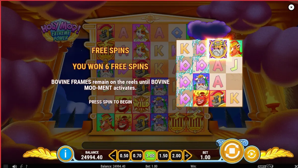Tampilan visual slot Holy Moo! Extreme Power dengan karakter sapi dewa