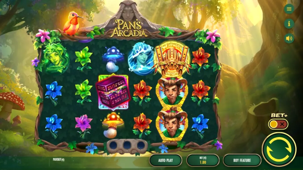 Pemandangan hutan mistis dalam slot Pan’s Arcadia dengan gulungan yang berputar.